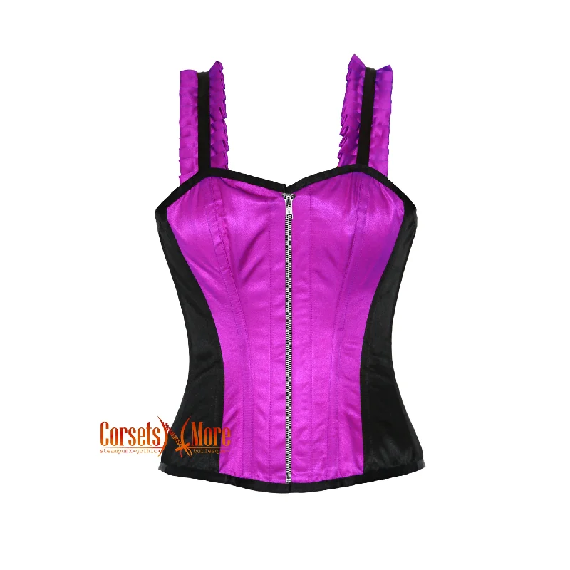 Purple And Black Satin Corset With Shoulder  Strap Overbust Zipper Top