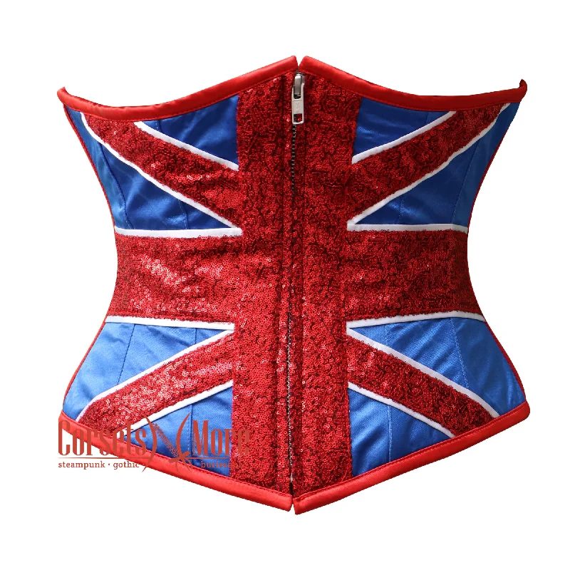 Red Blue Satin Sequins UK Flag Zipper Burlesque Gothic Underbust Corset