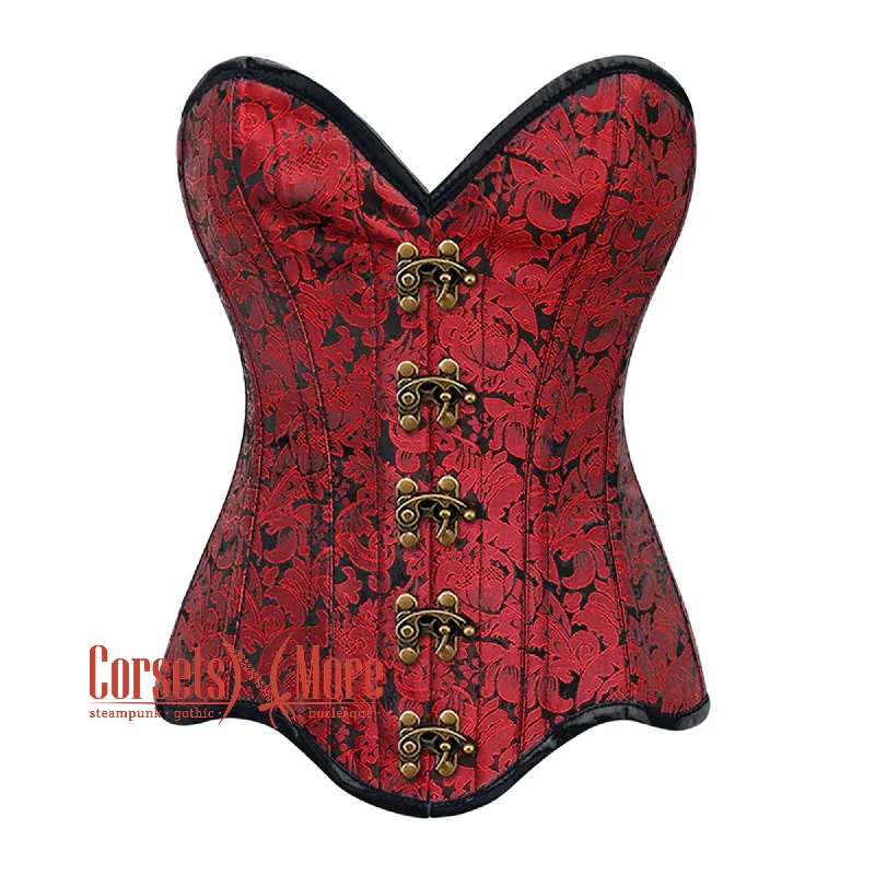 Red Brocade Curvy Design Front Antique Clasp Steampunk Gothic Overbust Corset