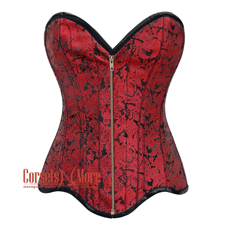 Red Brocade Curvy Design Front Zipper Steampunk Gothic Overbust Corset