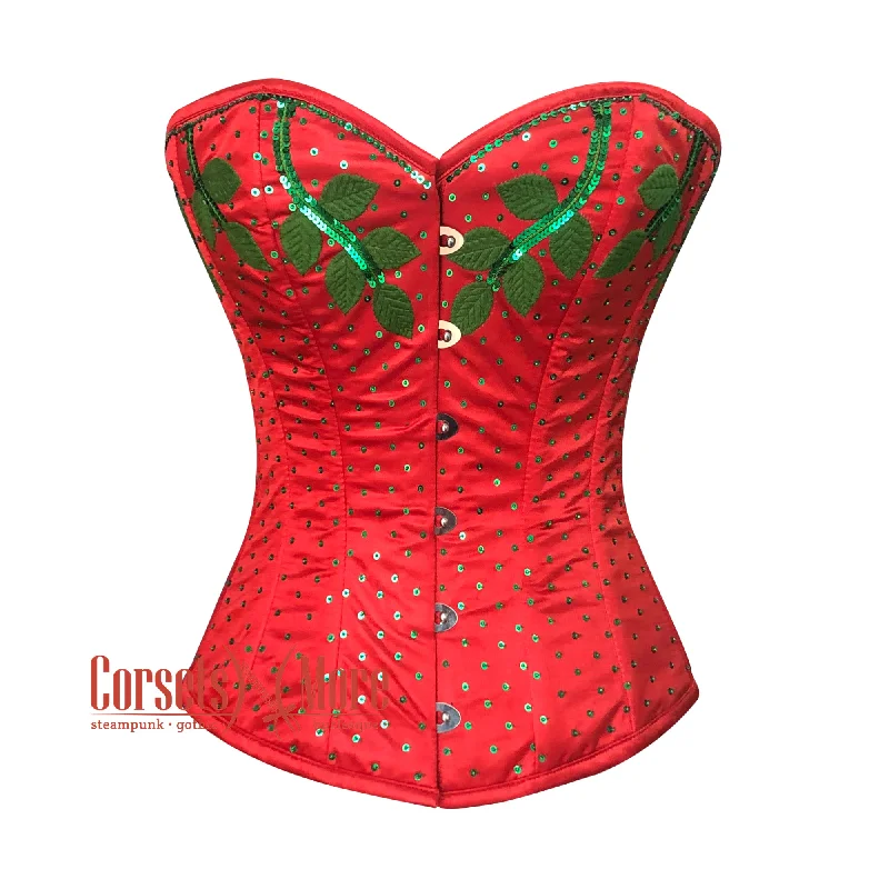 Red Satin Thread Sequins Work Burlesque Gothic Corset Top