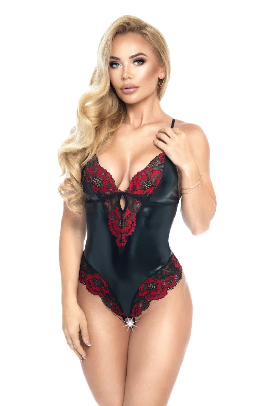 Sensual wetlook crotchless bodysuit