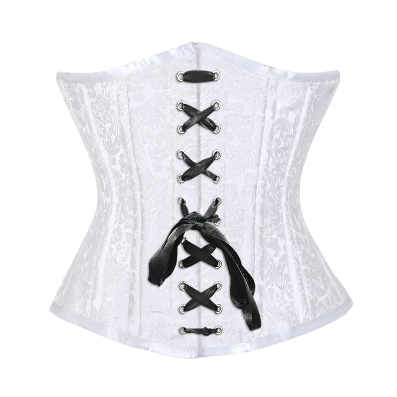 White Brocade Double Bone Front Black Ribbon Gothic Underbust Bustier Corset