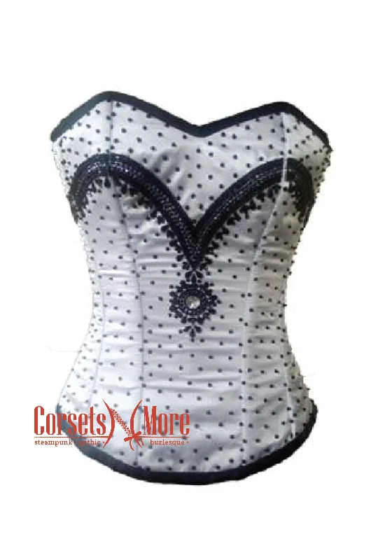 White Satin Black Sequins Gothic Burlesque Bustier Waist Training Overbust Corset Costume