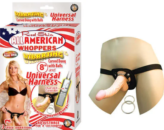 Experience Lifelike Pleasure with the All American Whopper 8-Inch Vibrating Dong and Universal Harness