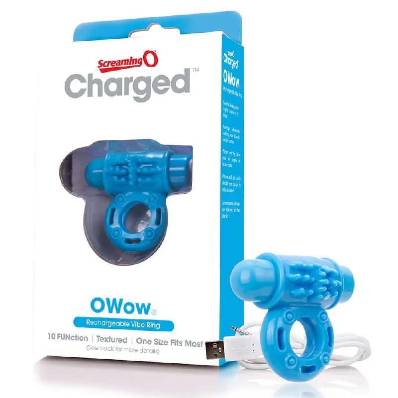 Screaming O Charged O Wow Ring Blue - Rechargeable, 10-Function Vibrating Cock Ring, Low-Pitch Vooom Technology, Waterproof, Fits Most Sizes