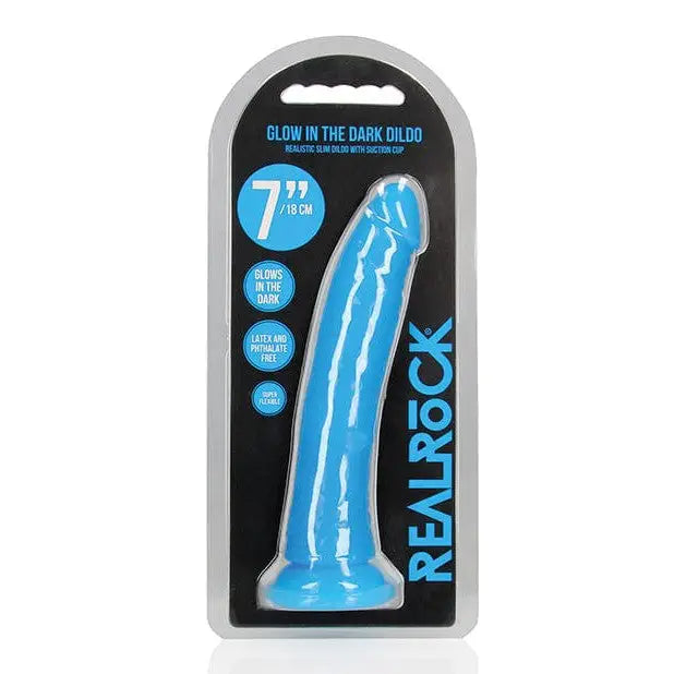 Shots Realrock 8" Slim  Dildo Glow In The Dark - Neon Blue