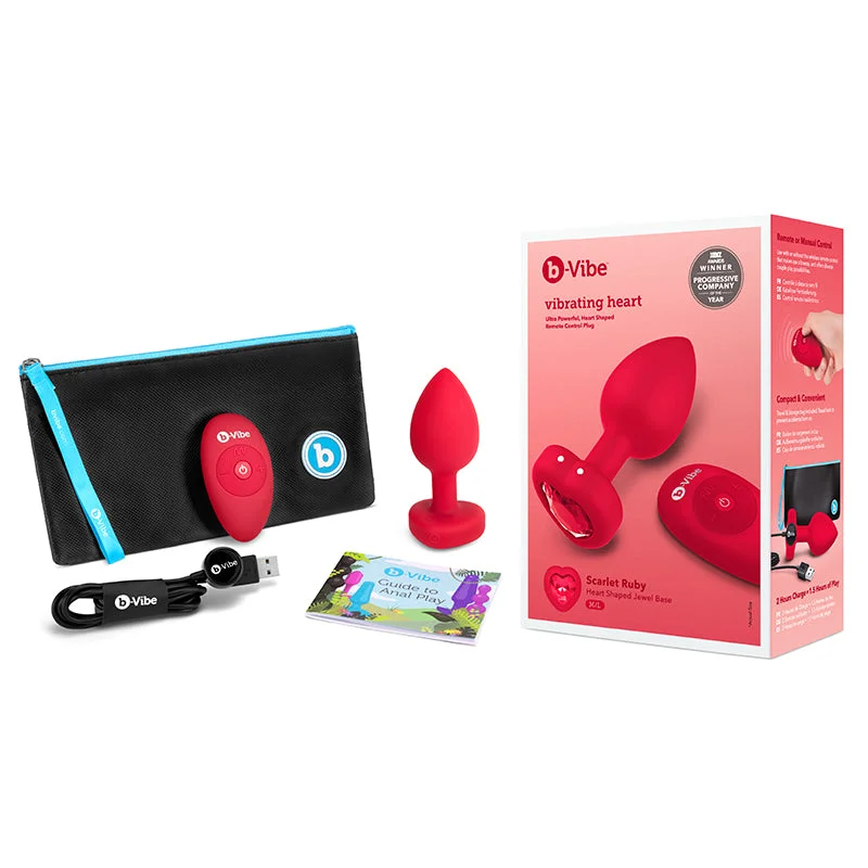 b-Vibe Vibrating Heart Rechargeable Remote-Controlled Anal Plug with Heart-Shaped Jewel Base M/L Red