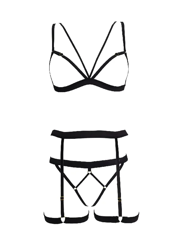 LINES Bra, Thong & Suspender Set (Black)